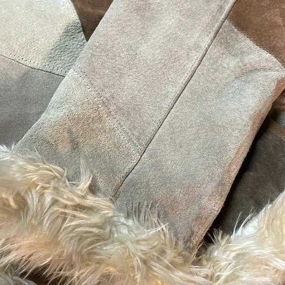 Vintage STATIC Genuine Suede Leather Patchwork Faux Fur Trim Jacket - Brown/Tan - Picture 16 of 16